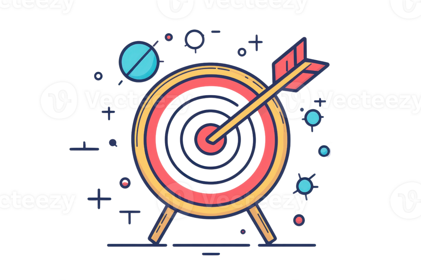 Colorful illustration of a target with an arrow hitting the bullseye, surrounded by celestial motifs, symbolizing precision and success. png