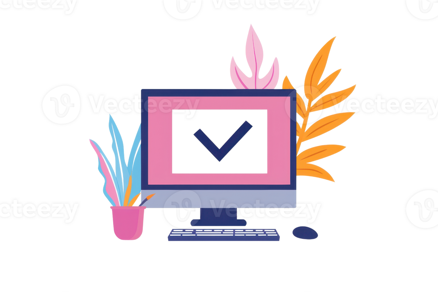 Colorful digital illustration of a computer display with checkmark, surrounded by vibrant leaves and stationery, conveying productivity. png