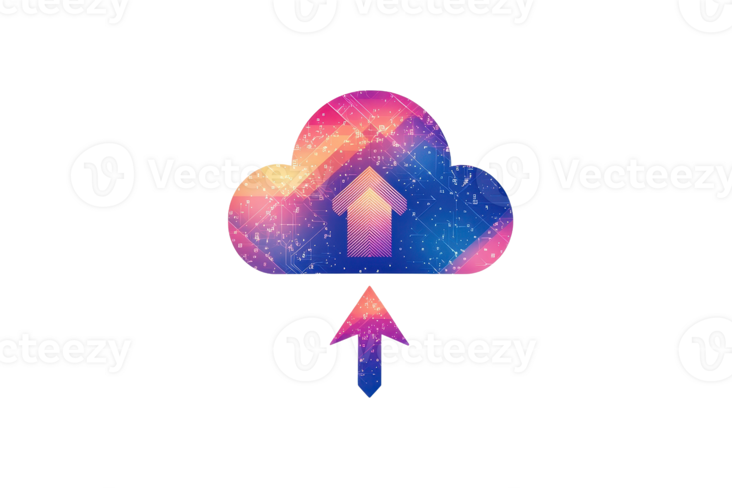Colorful digital cloud icon with upward arrow, symbolizing data upload and cloud computing, isolated on a transparent background. png