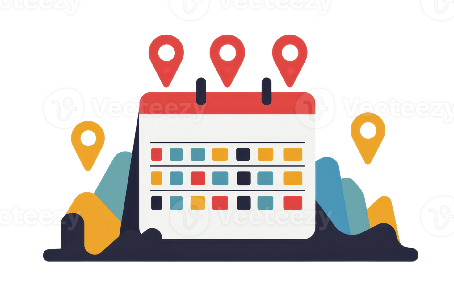 Colorful calendar with location markers symbolizing event planning and scheduling over a mountain backdrop. png