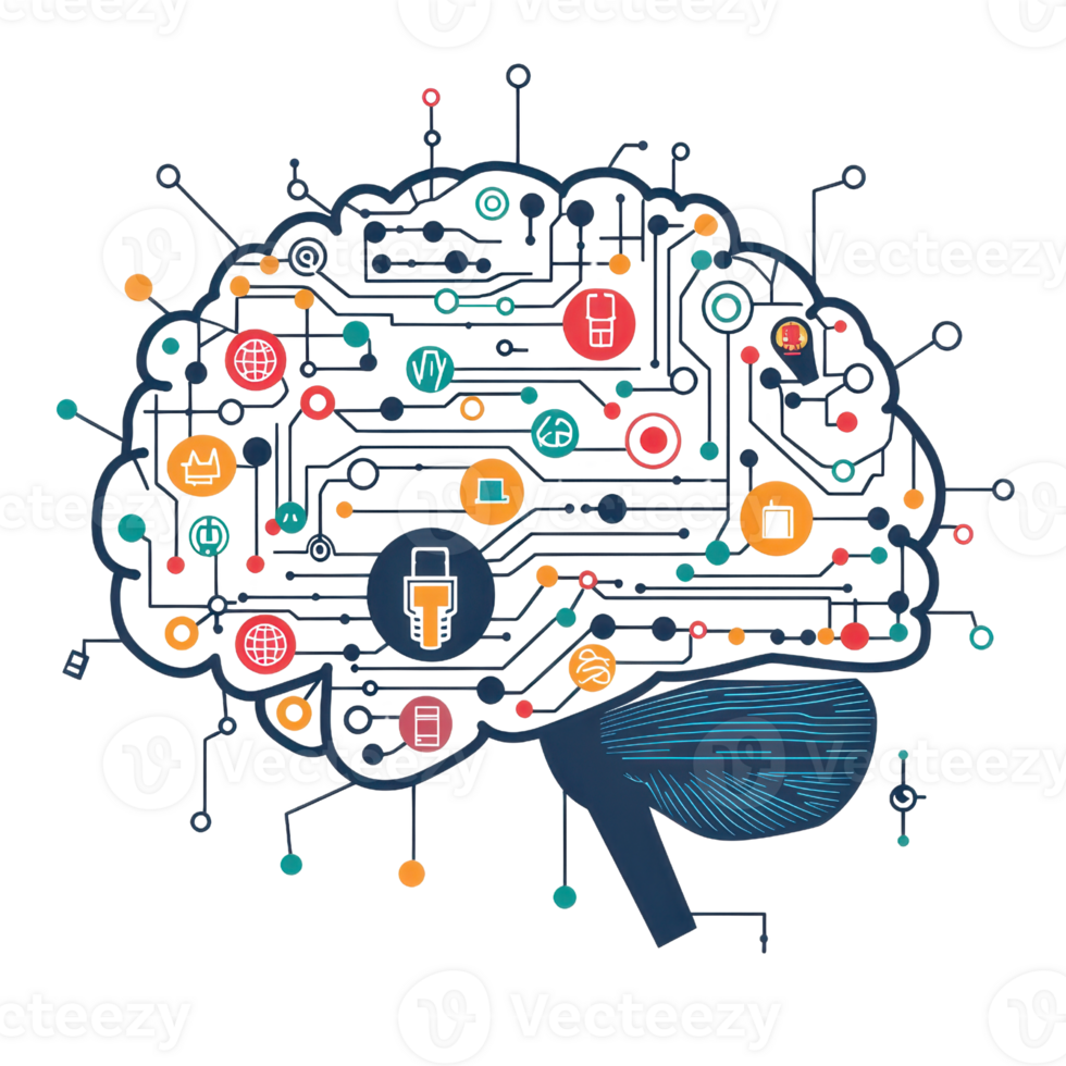 Digital brain with interconnected nodes and padlock symbolizing cybersecurity and artificial intelligence innovation. png