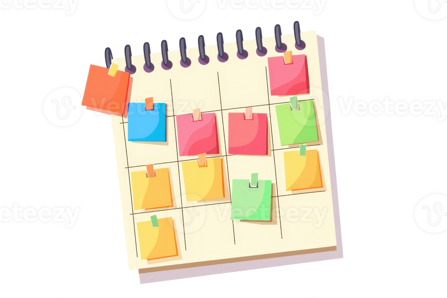 Colorful sticky notes on a spiral calendar for organizing tasks, planning schedules, and managing appointments efficiently. png