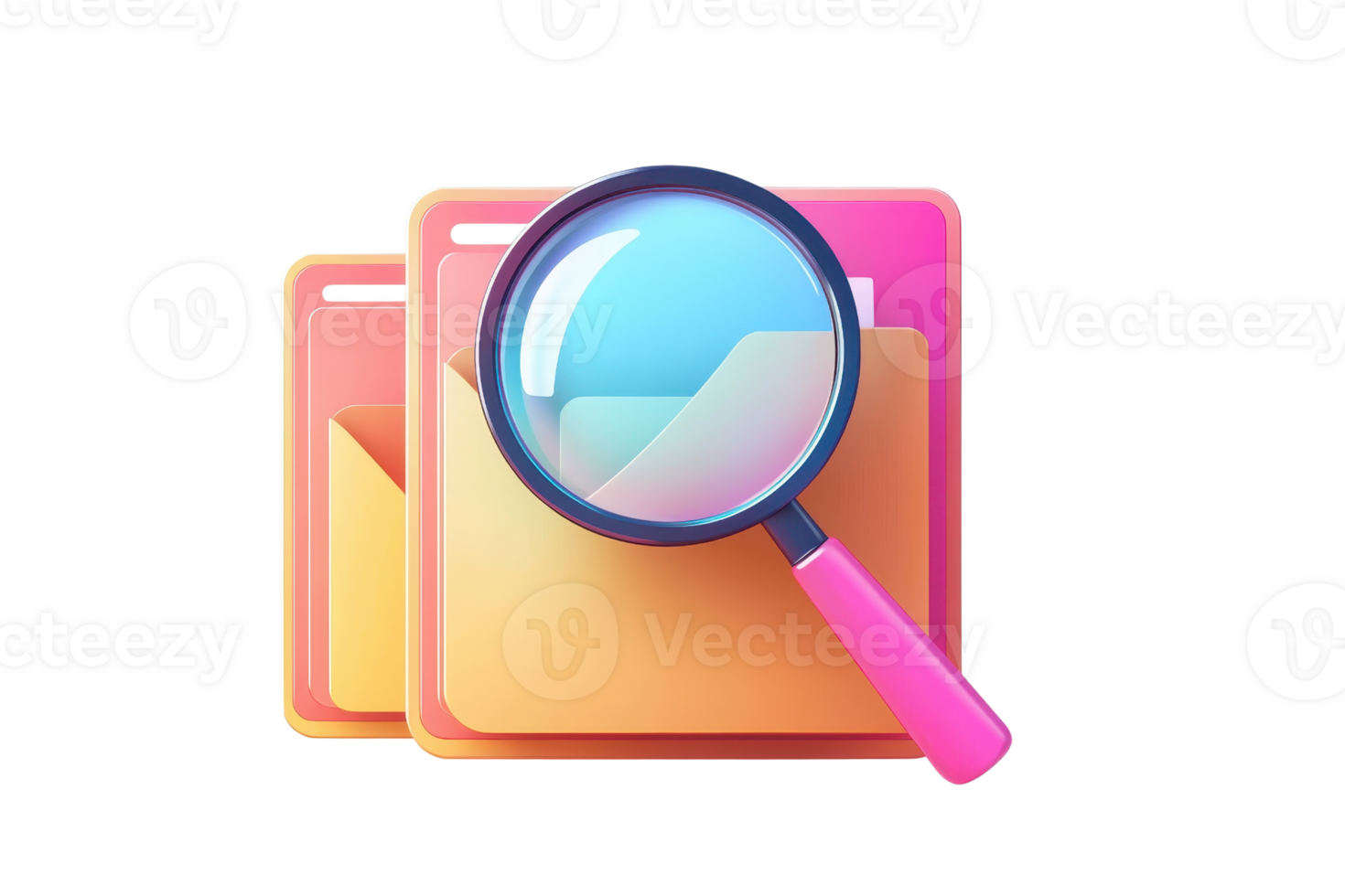 Colorful folders with a magnifying glass, symbolizing search, organization, and investigation in digital or office environments. png