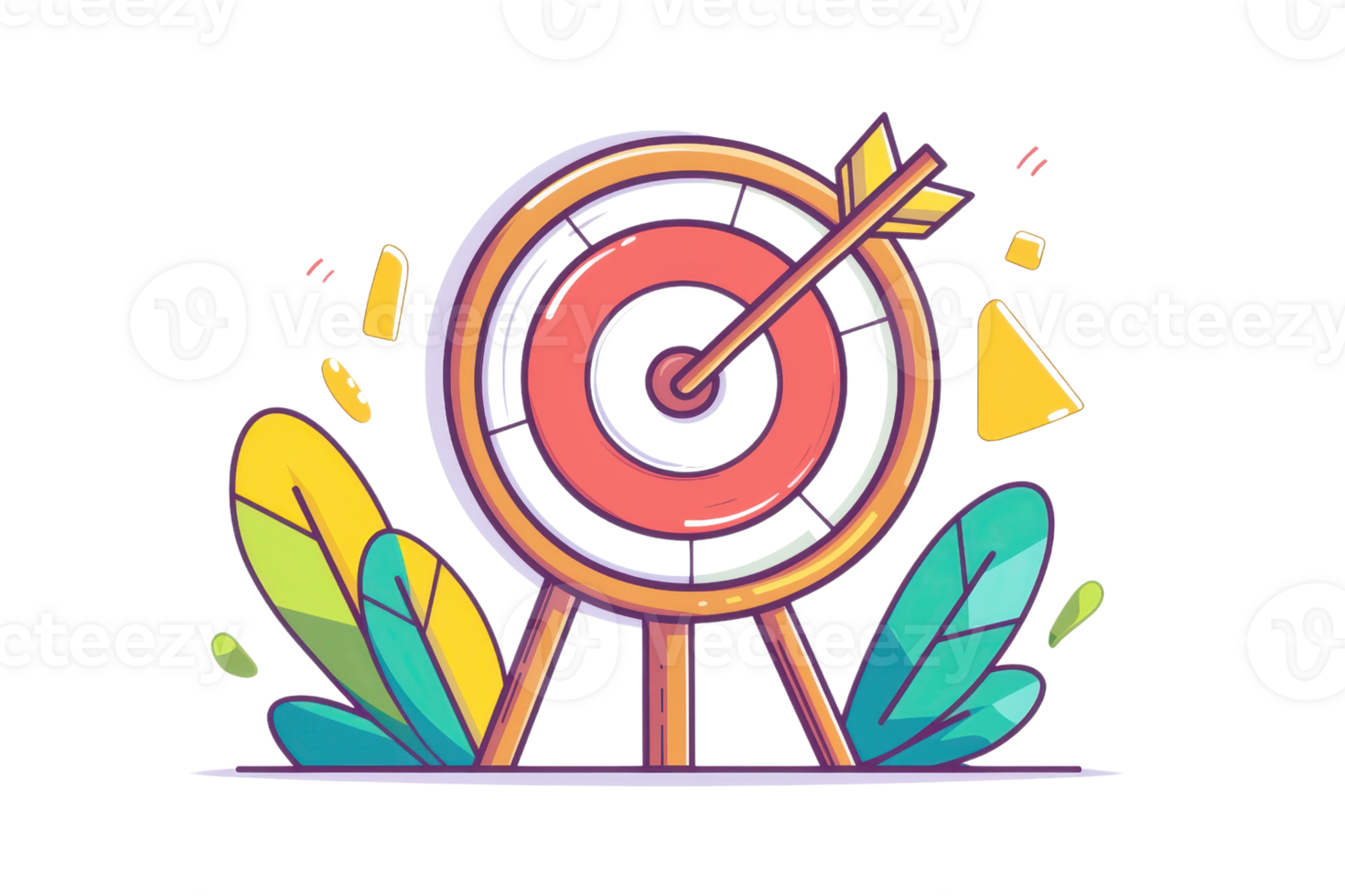 Colorful illustration of a target with an arrow, surrounded by abstract shapes. Perfect for strategy and success themes. png