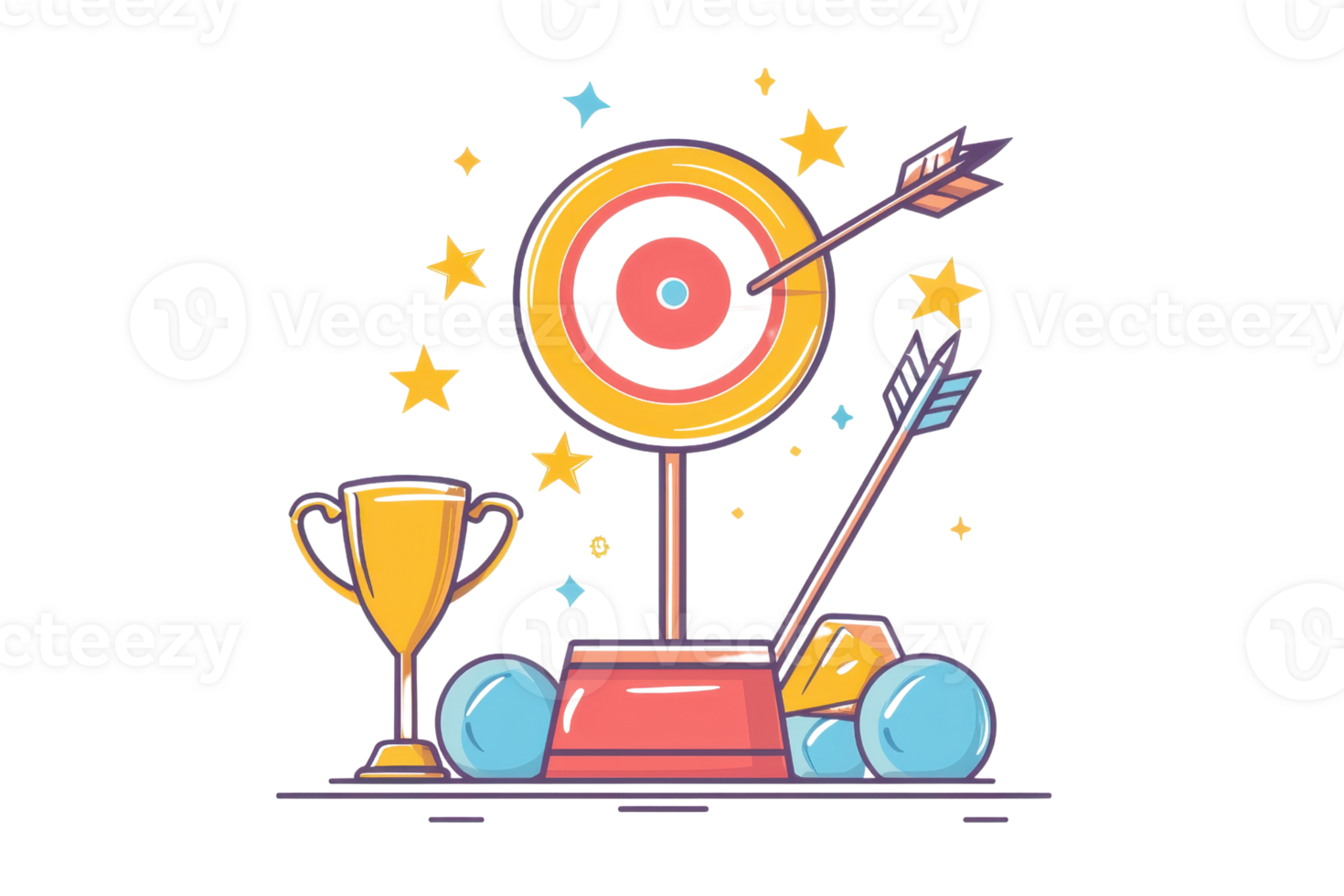 Colorful illustration of a target with arrows and a trophy, symbolizing success in achievement, leadership, and goal setting. png