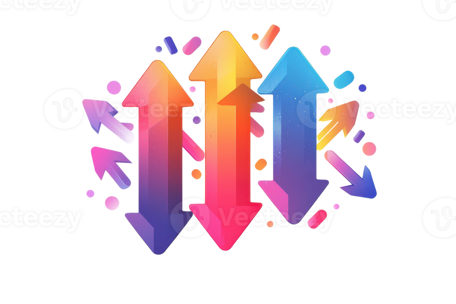 Colorful arrows pointing upward with symbols on transparent background, representing growth, upward movement, and success in vibrant tones. png