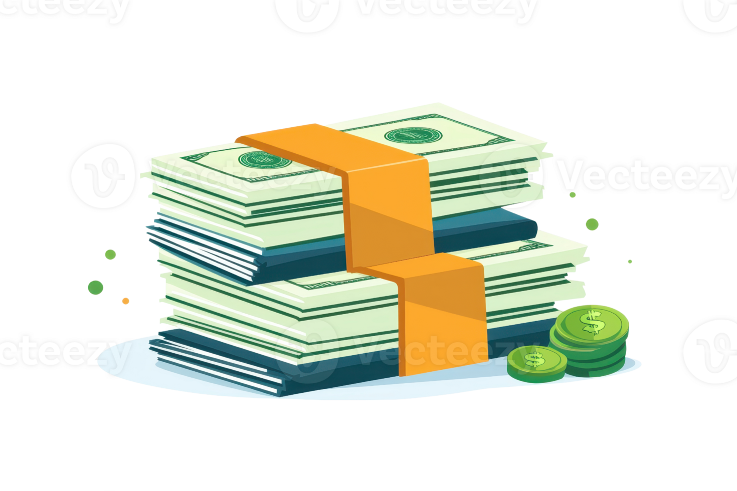 A stack of cash and coins illustration representing wealth, savings, or financial success on a transparent background. png