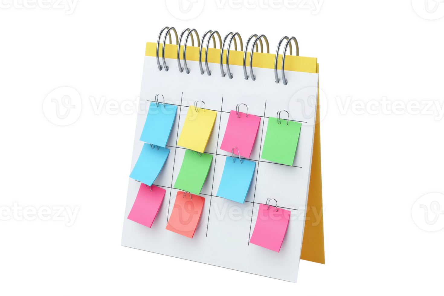 Colorful sticky notes on a spiral-bound calendar. Organized planning and time management concept. png