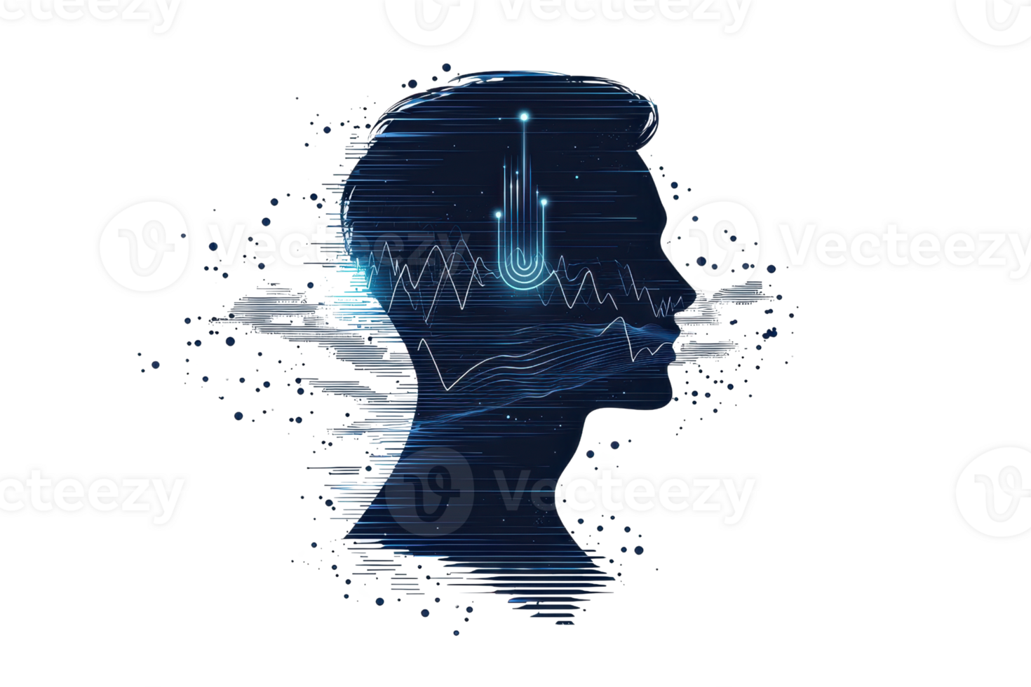 Digital concept of human mind with data flow and technology interface, abstract silhouette highlighting innovation and future technology. png