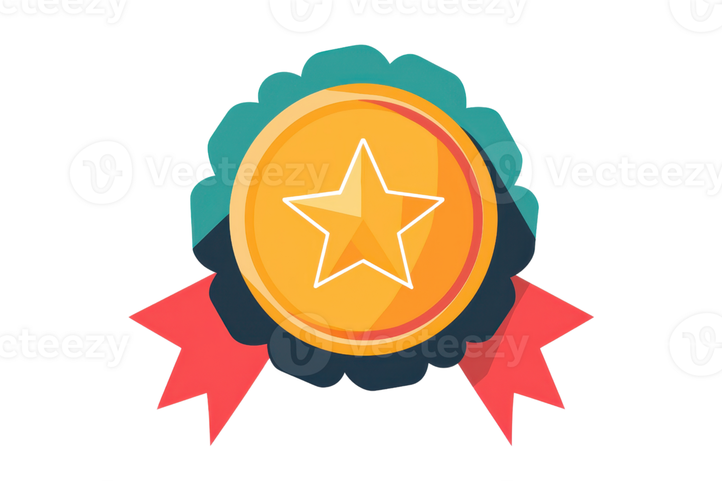 Colorful medal illustration with a central golden star and vibrant ribbon, symbolizing achievement and excellence in a playful, modern design. png