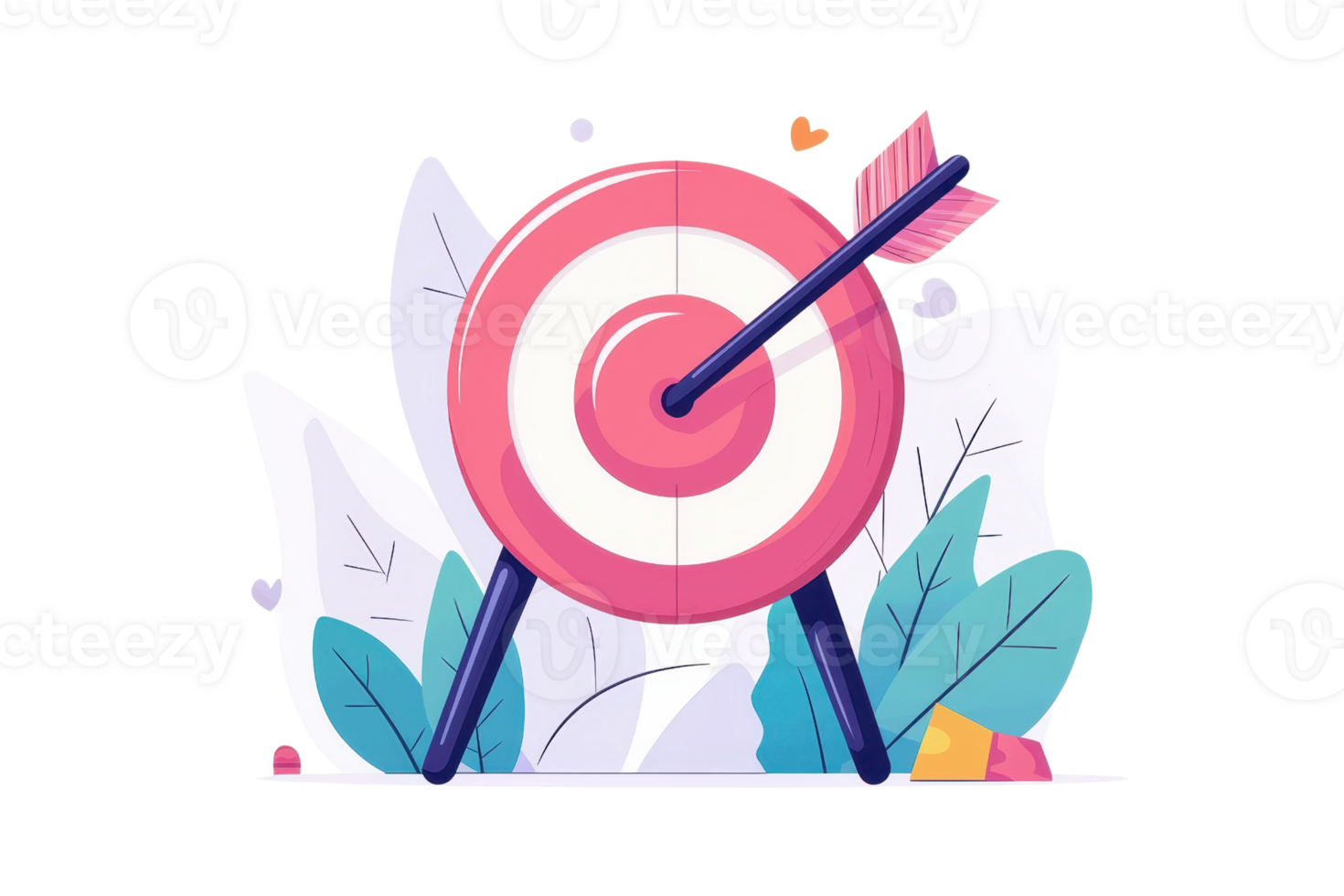 Colorful illustration of an archery target with an arrow in the bullseye, surrounded by leaves and abstract shapes, symbolizing precision. png