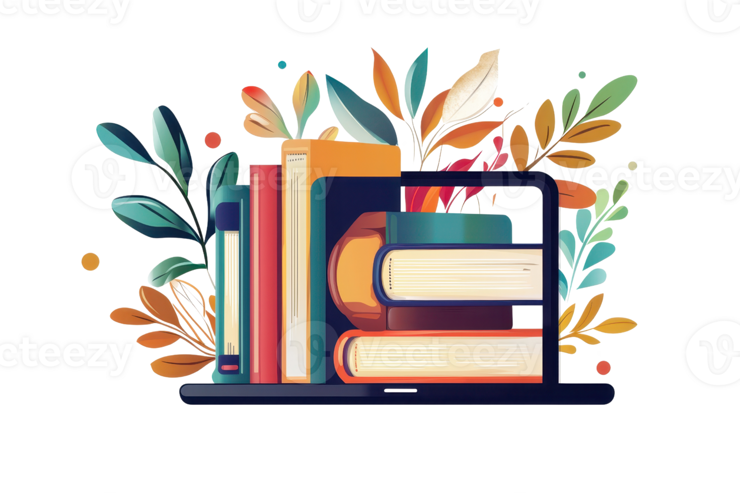 Colorful illustration of books and a laptop with vibrant leaves, symbolizing learning, technology, and creativity in a digital age. png