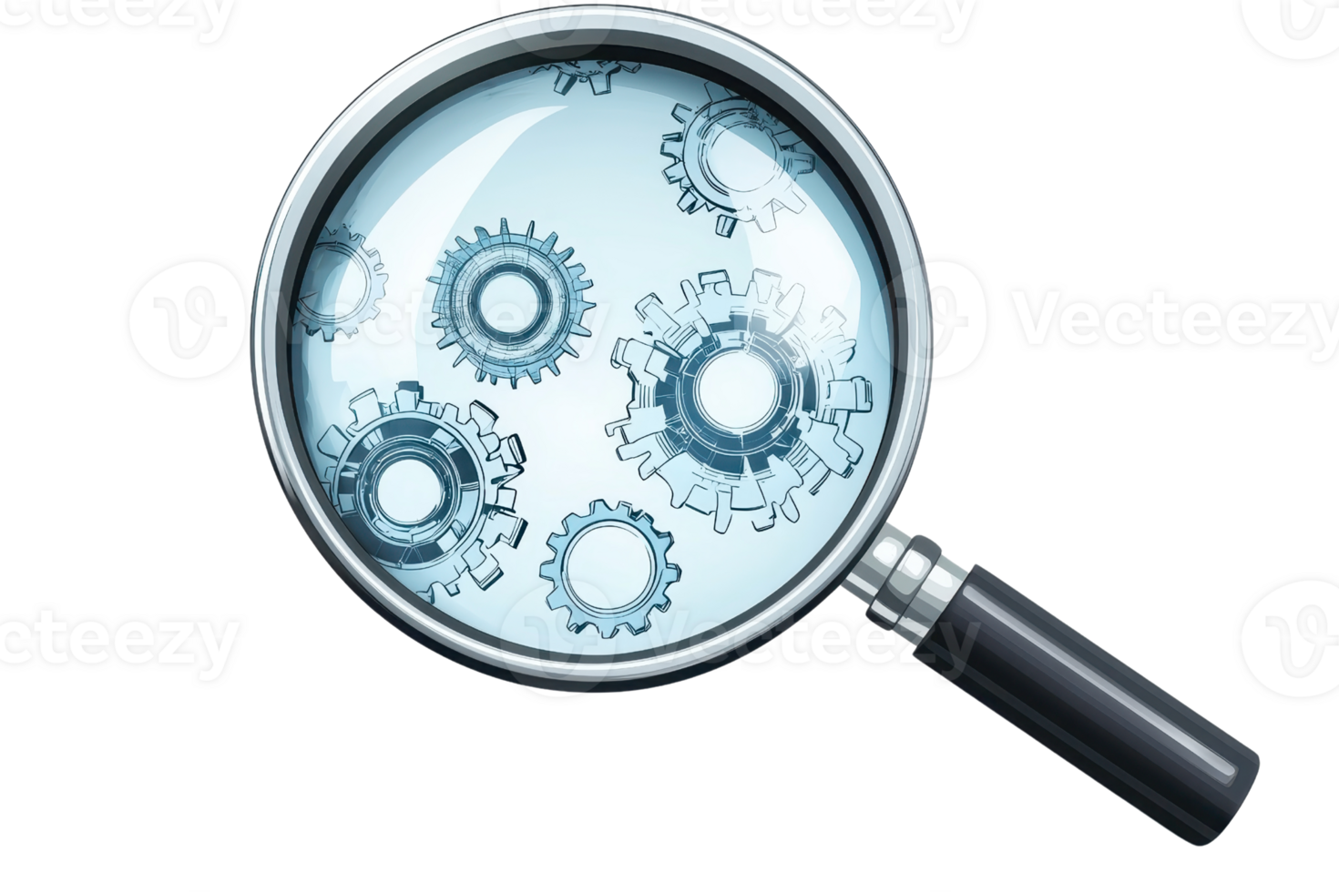 Close-up view of a magnifying glass showing mechanical gears, symbolizing exploration and mechanical engineering concepts. png