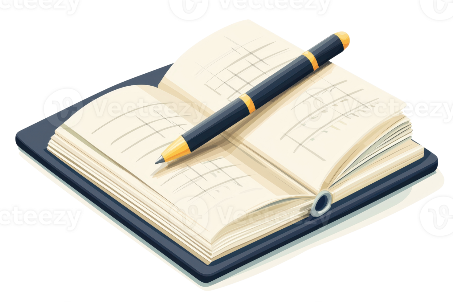 An open planner with a pen resting on it, symbolizing organization, productivity, and writing inspiration on a wooden desk. png