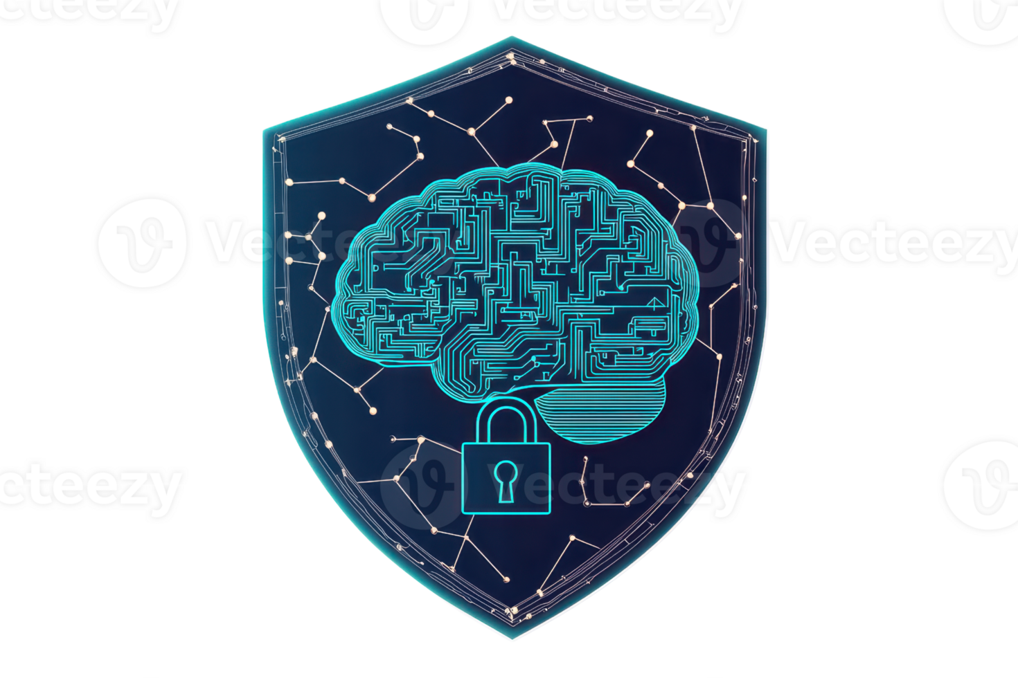Digital brain shield with network security symbols, representing AI protection and cybersecurity concepts in a connected world. png