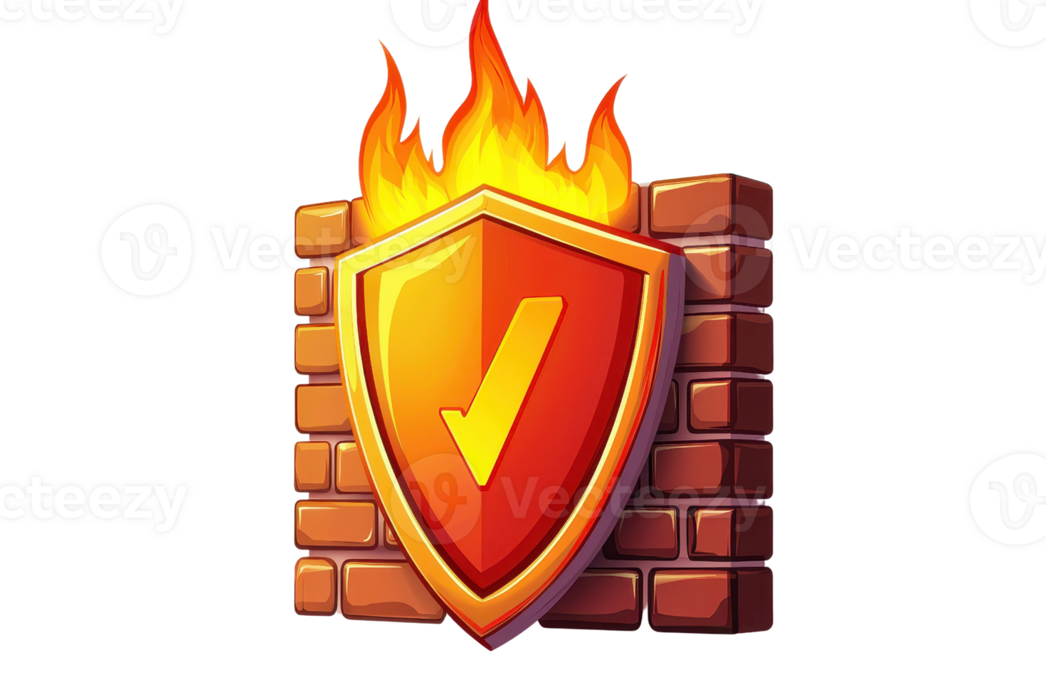 A bright, fiery shield illustration, symbolizing protection and security, with a tick mark, surrounded by a brick wall and flames. png