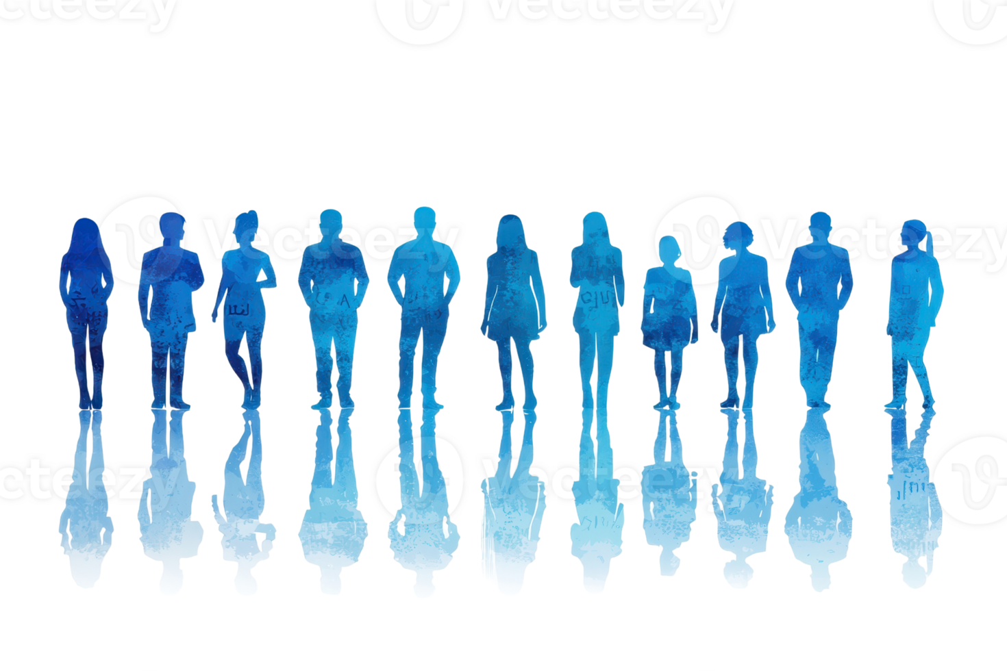 Abstract watercolor silhouettes of diverse people stand together, blending shades of blue, symbolizing unity and diversity. png