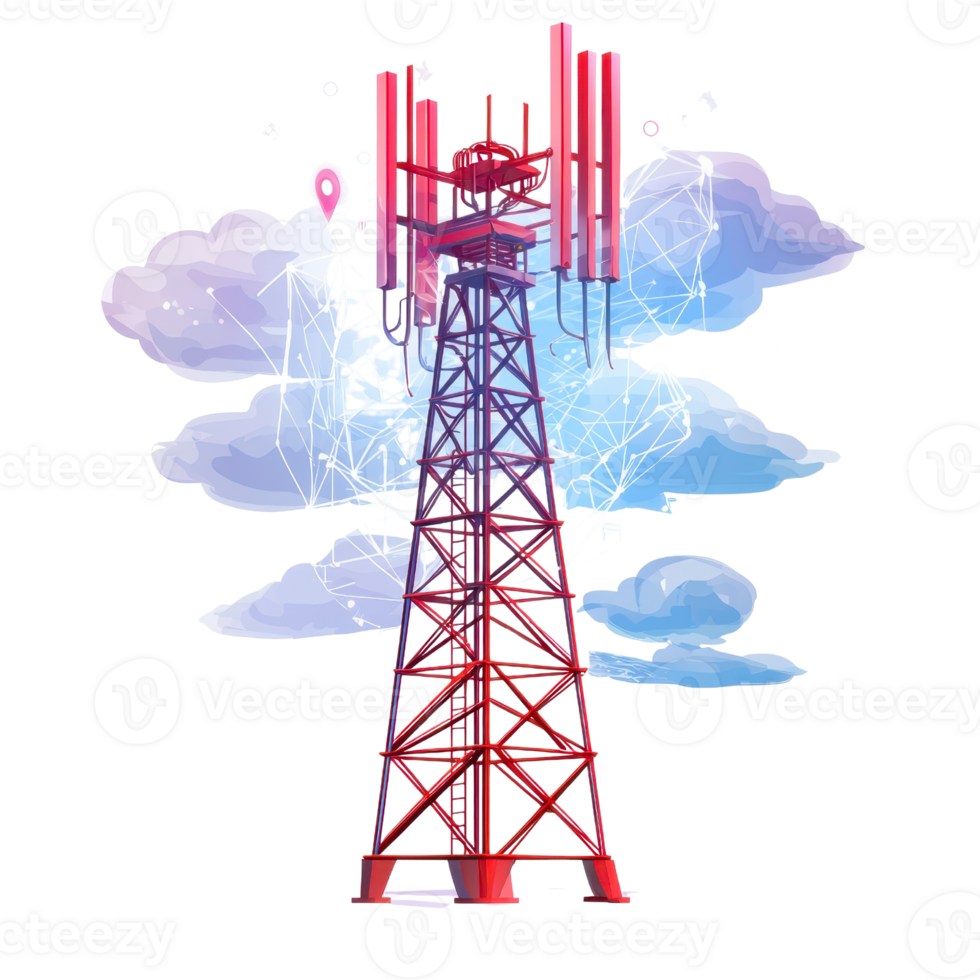 A vibrant red communication tower against a digital cloud network. Illustrates technology, connectivity, and futuristic communication networks. png