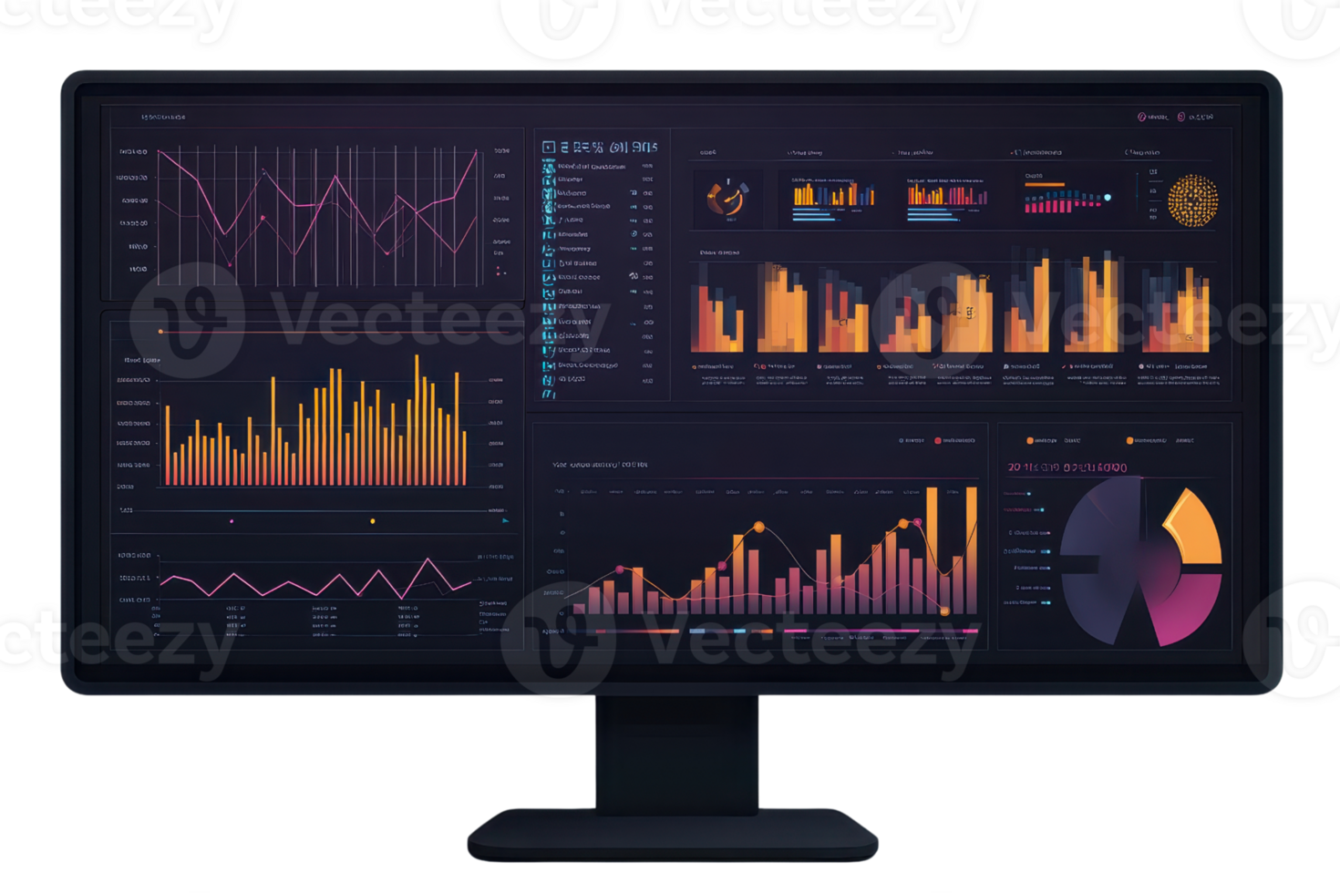 Colorful graphs and charts on a computer monitor display financial data analytics, perfect for technology and business presentations. png
