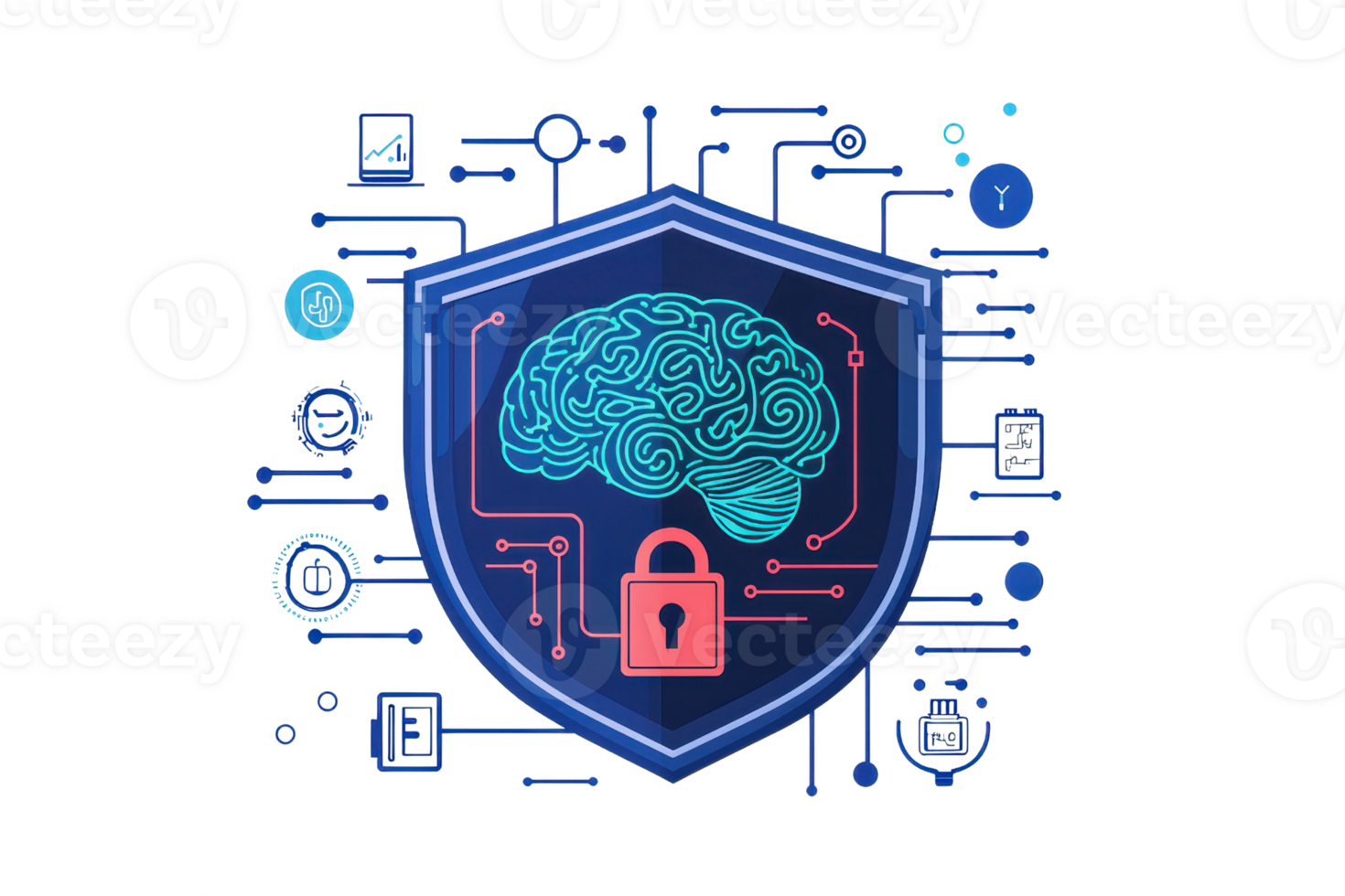 Digital shield with brain and lock depicting cybersecurity and artificial intelligence concept in a modern tech design. png