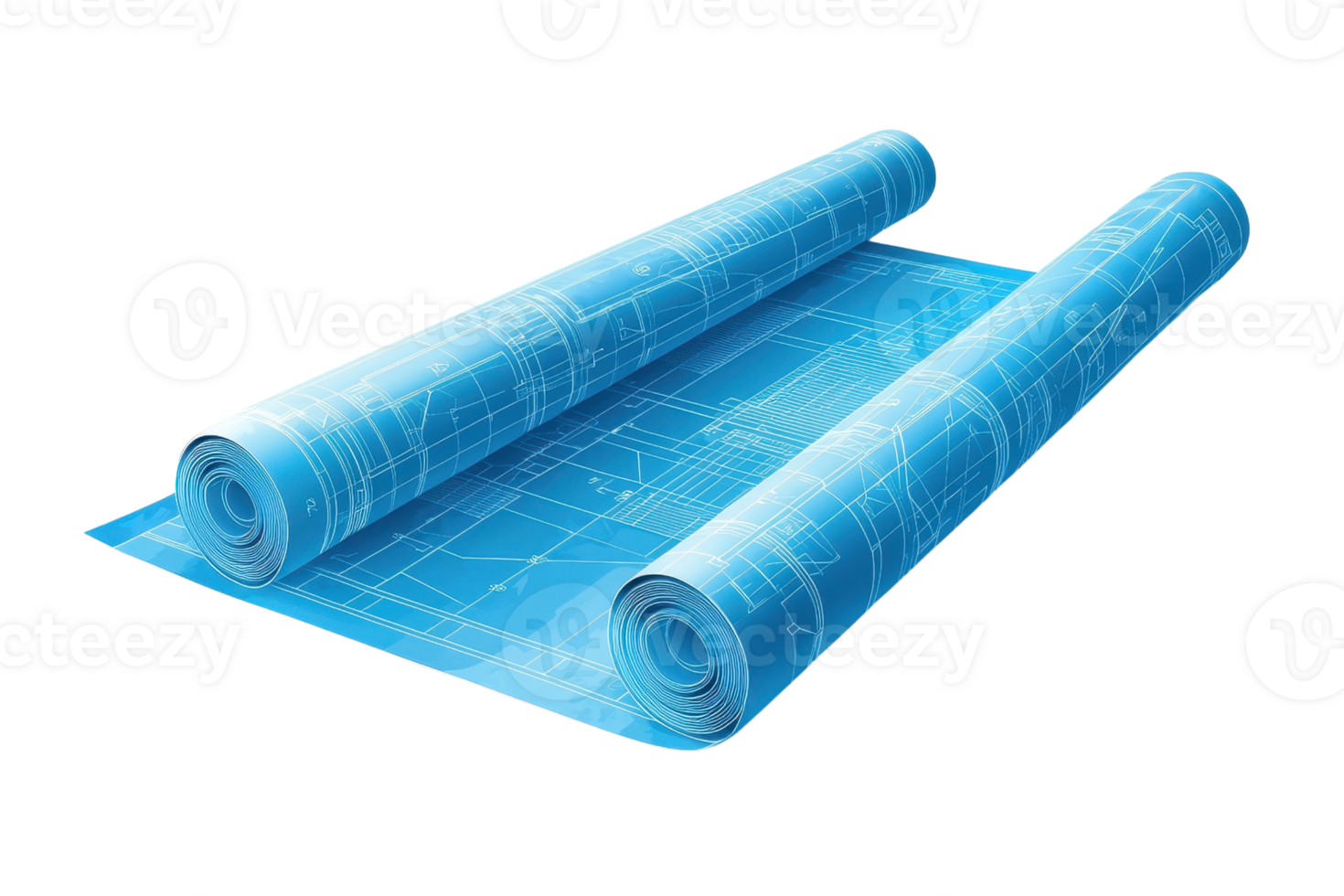 Detailed architectural blueprint rolls displaying floor plans and technical designs on a transparent surface, perfect for engineering projects. png