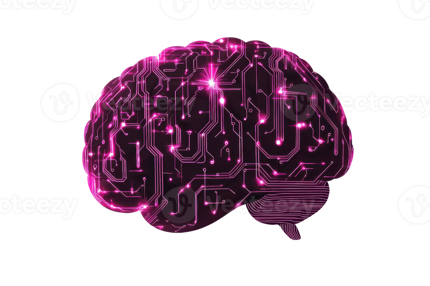 Digital illustration of a glowing brain with circuit patterns, symbolizing artificial intelligence and technological innovation. png