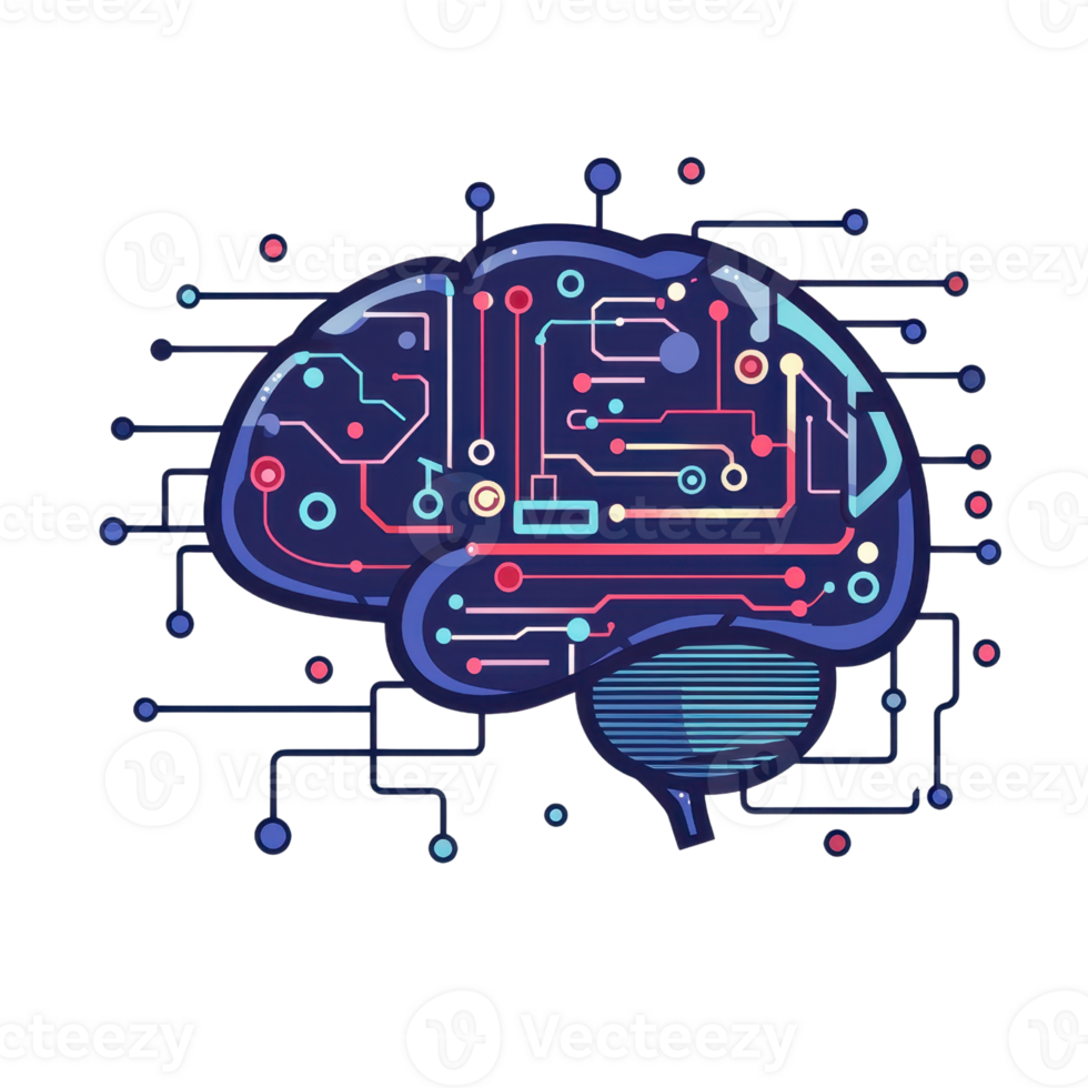 Digital brain illustration representing artificial intelligence, data processing, and technology innovation in a modern abstract style. png