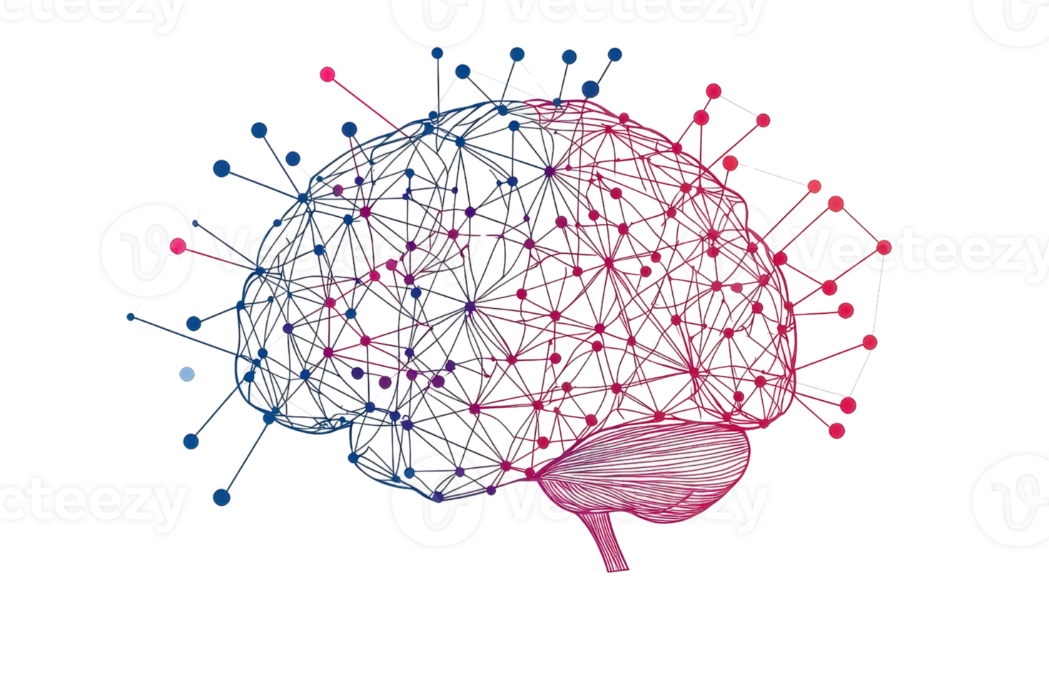 Abstract digital brain network illustrating the intersection of technology and intelligence with vibrant, interconnected nodes and lines. png