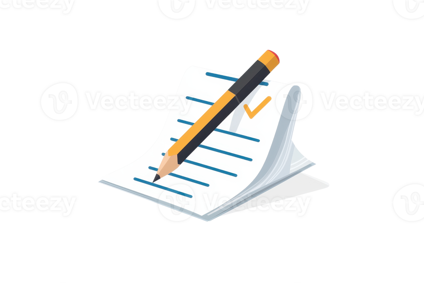 Illustration of a pencil resting on a spiral notebook with a checkmark, representing planning, writing, or note-taking. png
