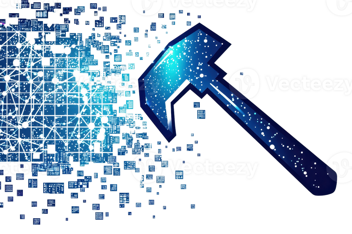 Conceptual digital transformation image showing a pixelated hammer breaking into a network of interconnected blue nodes. png