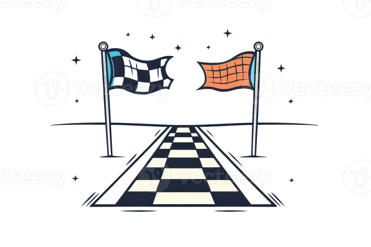 Illustration of a racing finish line with checkered flags. Ideal for themes of competition, speed, and achievement. png