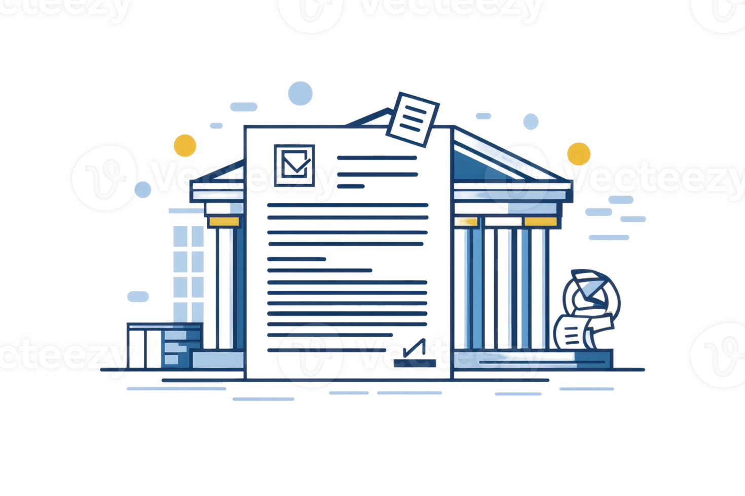 Illustration of a modern bank building with classical elements, columns, and digital connections concept. png