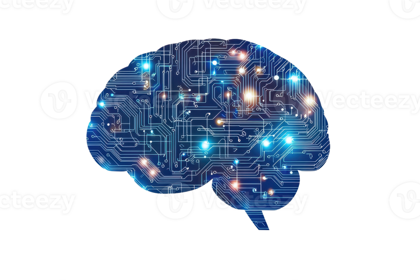 Digital brain illustration with electronic circuits and glowing lights, depicting artificial intelligence and futuristic technology concepts. png