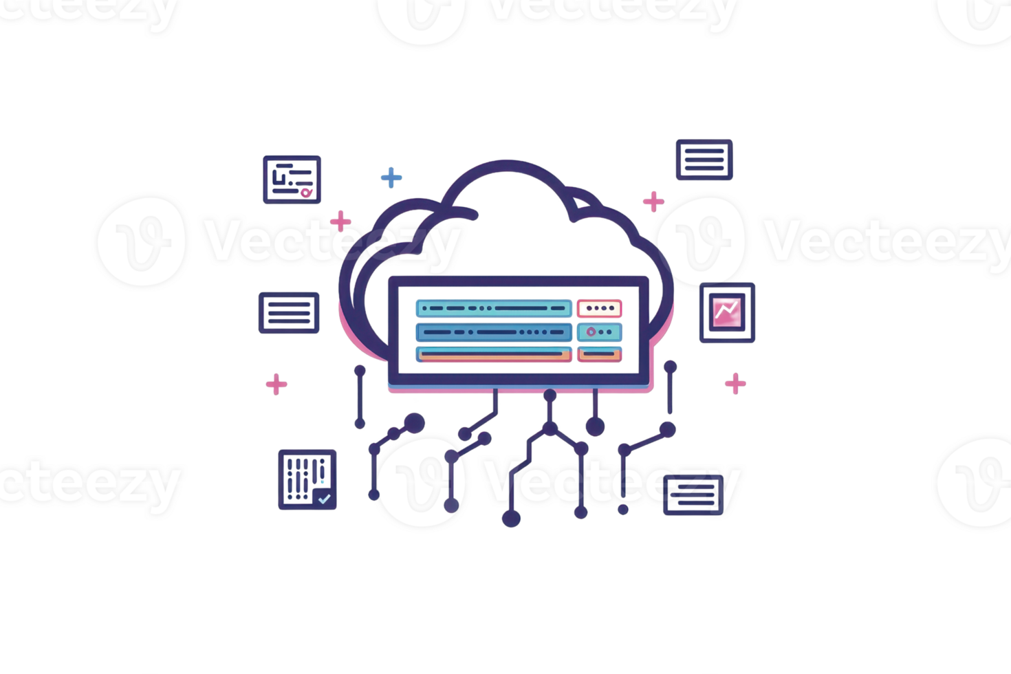 Illustration of cloud computing technology, showcasing data storage and network service connections in a digital environment. png
