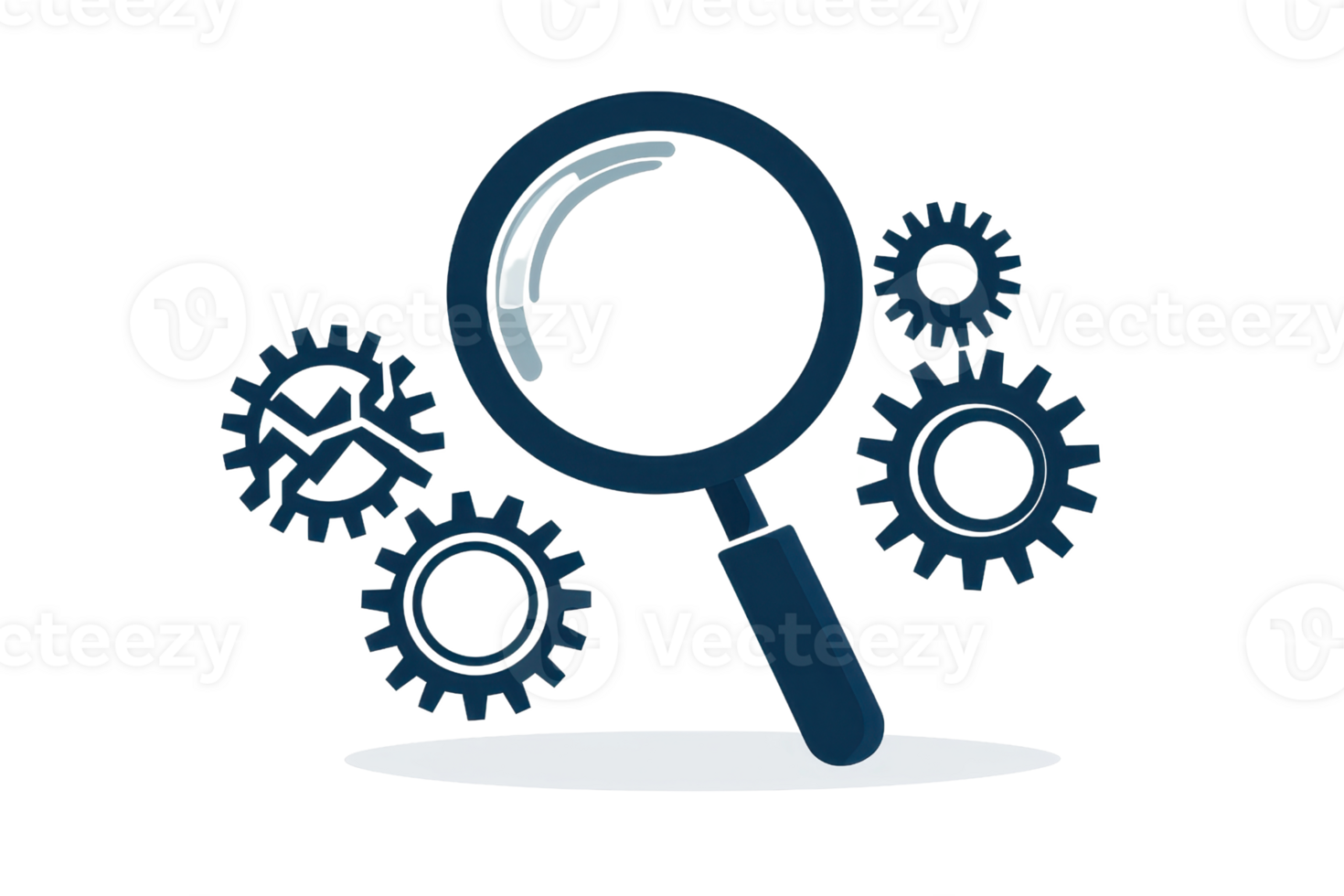 Illustration of a magnifying glass and gears symbolizing search and optimization process. Ideal for concepts of analysis or development. png