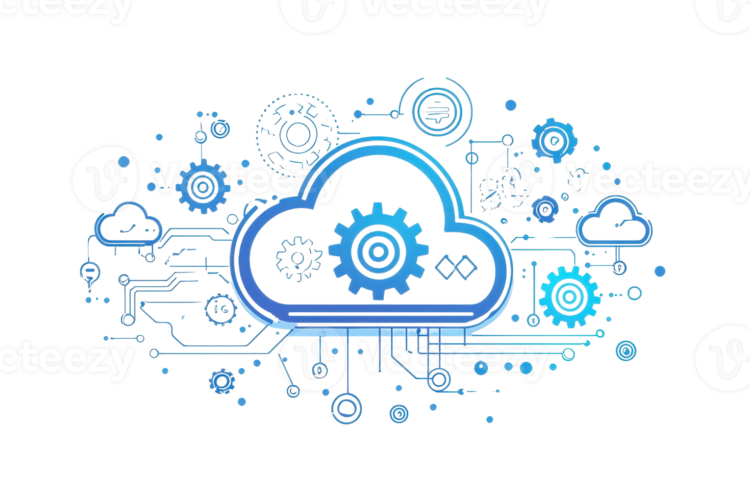 Illustration of cloud computing concept with digital gears and circuits, symbolizing data management and technology innovation. png