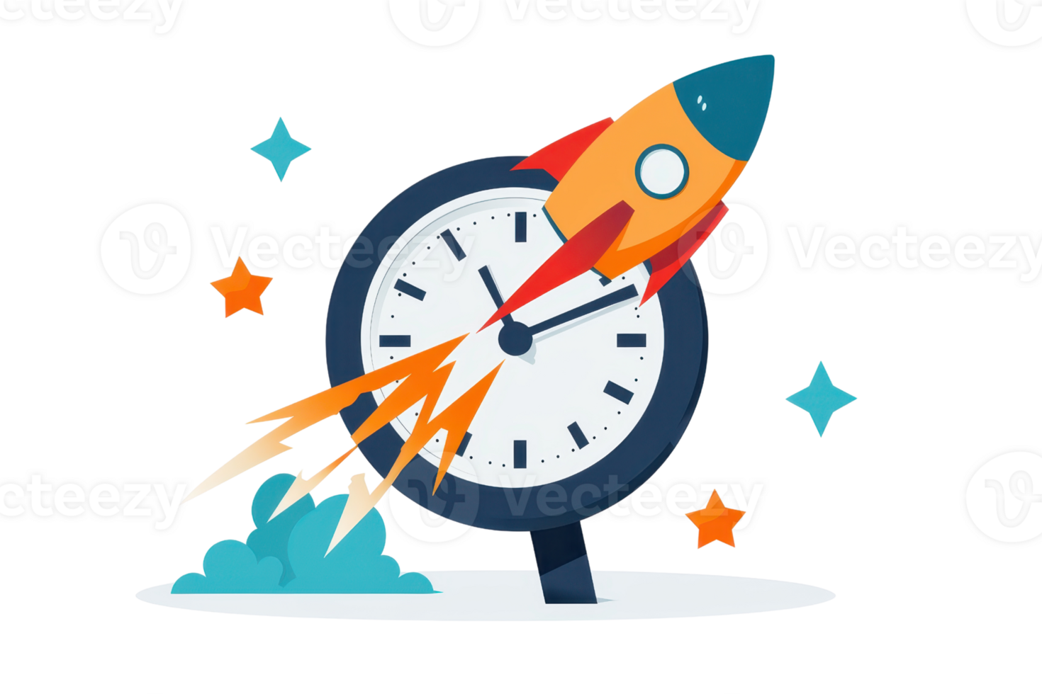Illustration of a rocket launching from a clock, symbolizing speed, progress, and urgency in achieving goals and deadlines. png