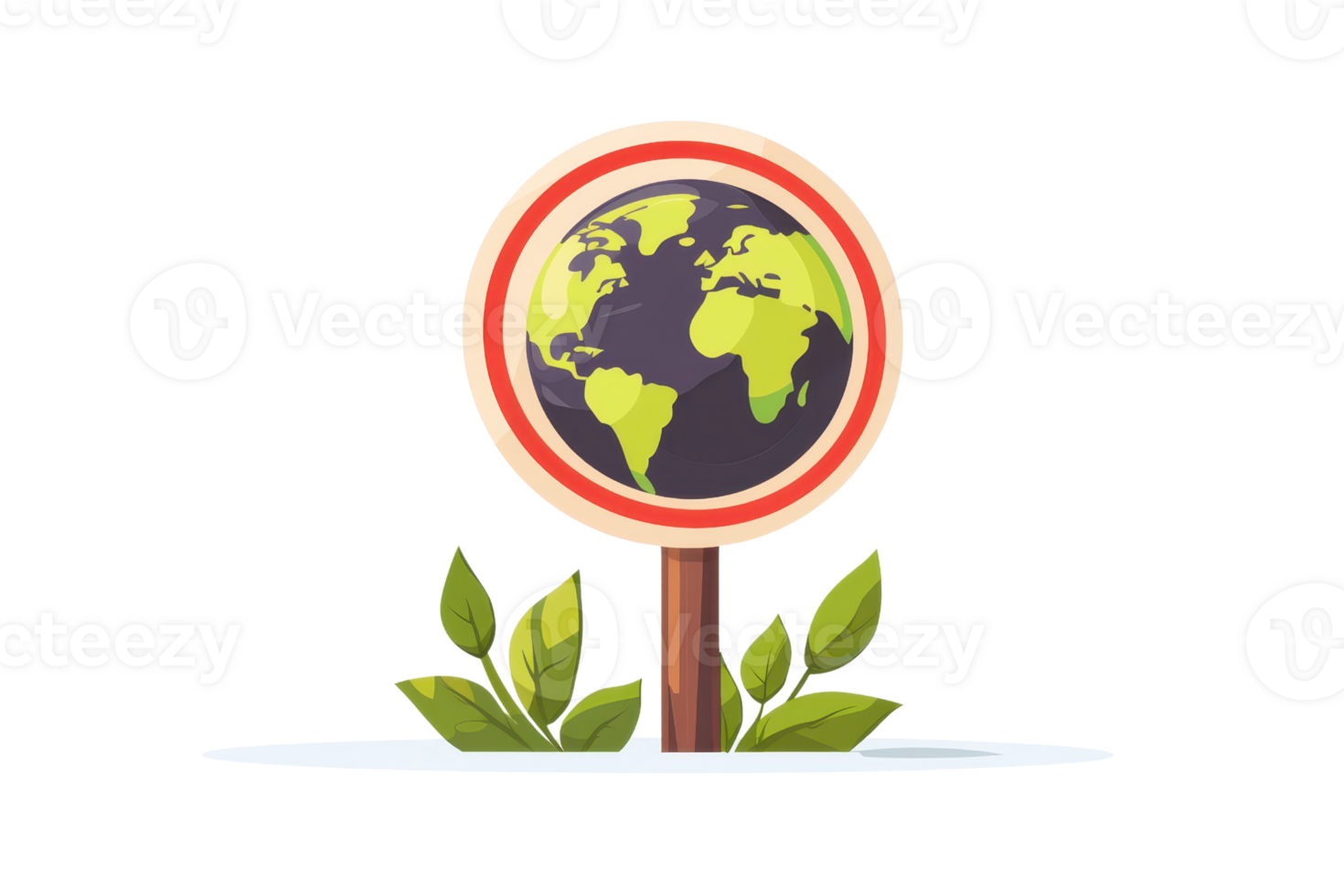 Illustration of a colorful globe sign set in lush greenery, symbolizing environmental awareness and global connection. png