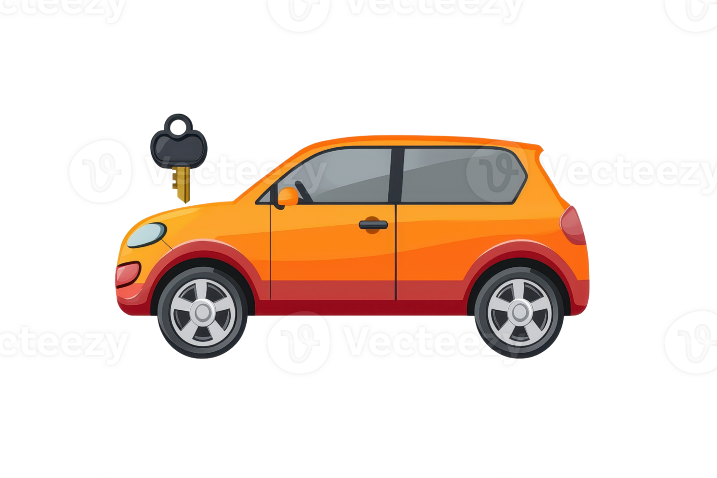 Illustration of a vibrant orange cartoon car with a key in the lock, showcasing a playful and simple design on a transparent background. png