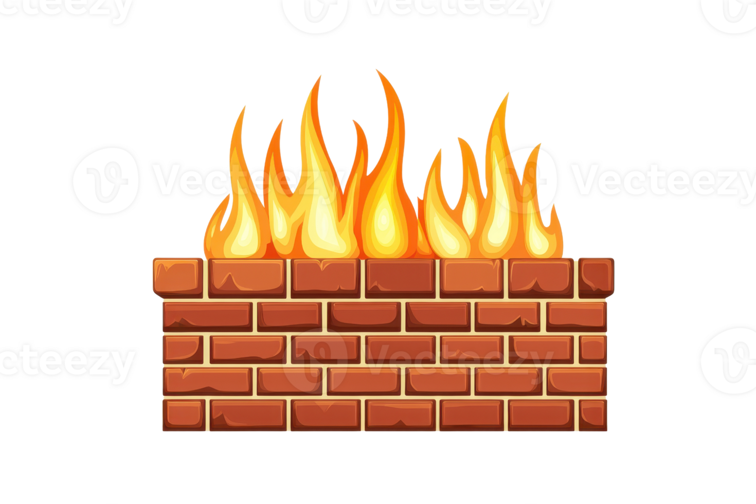 Illustration of a brick firewall with vibrant flames, symbolizing internet security and protection against cyber threats. png