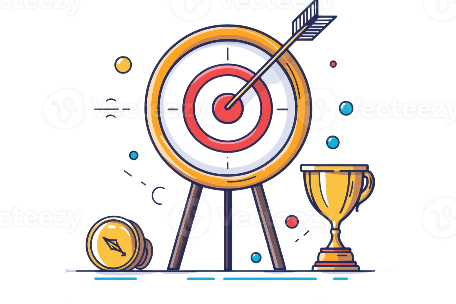 Illustration of a target with an arrow, coin, and trophy, symbolizing success, achievement, goal setting, and competition in a creative style. png