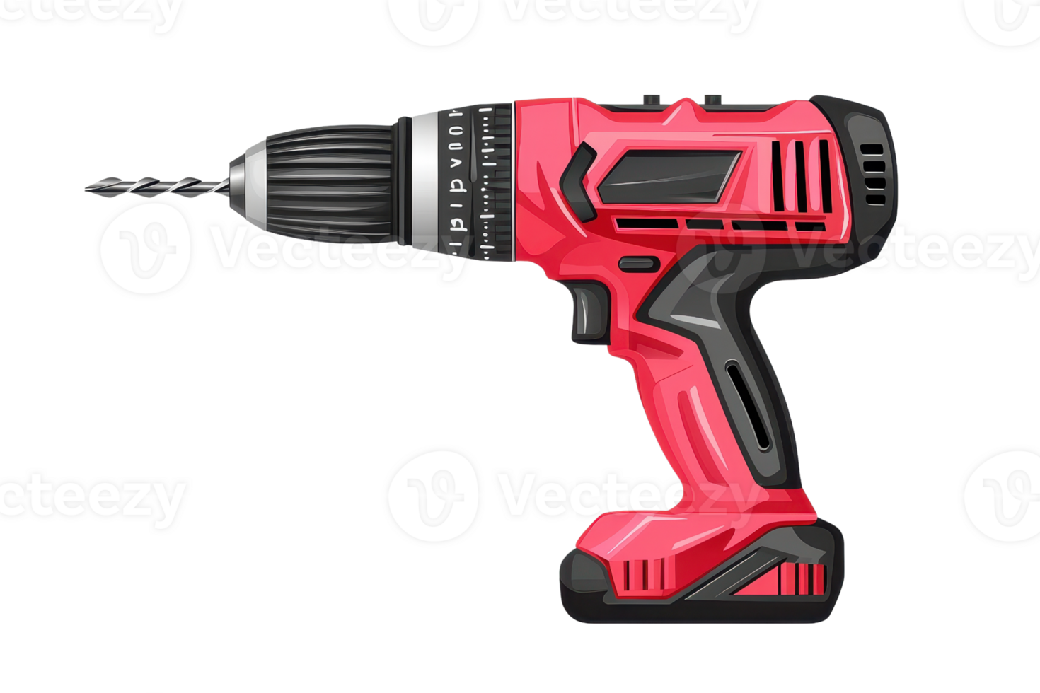 Illustration of a red and black cordless electric drill with a drill bit, isolated on a transparent background. perfect for construction themes. png