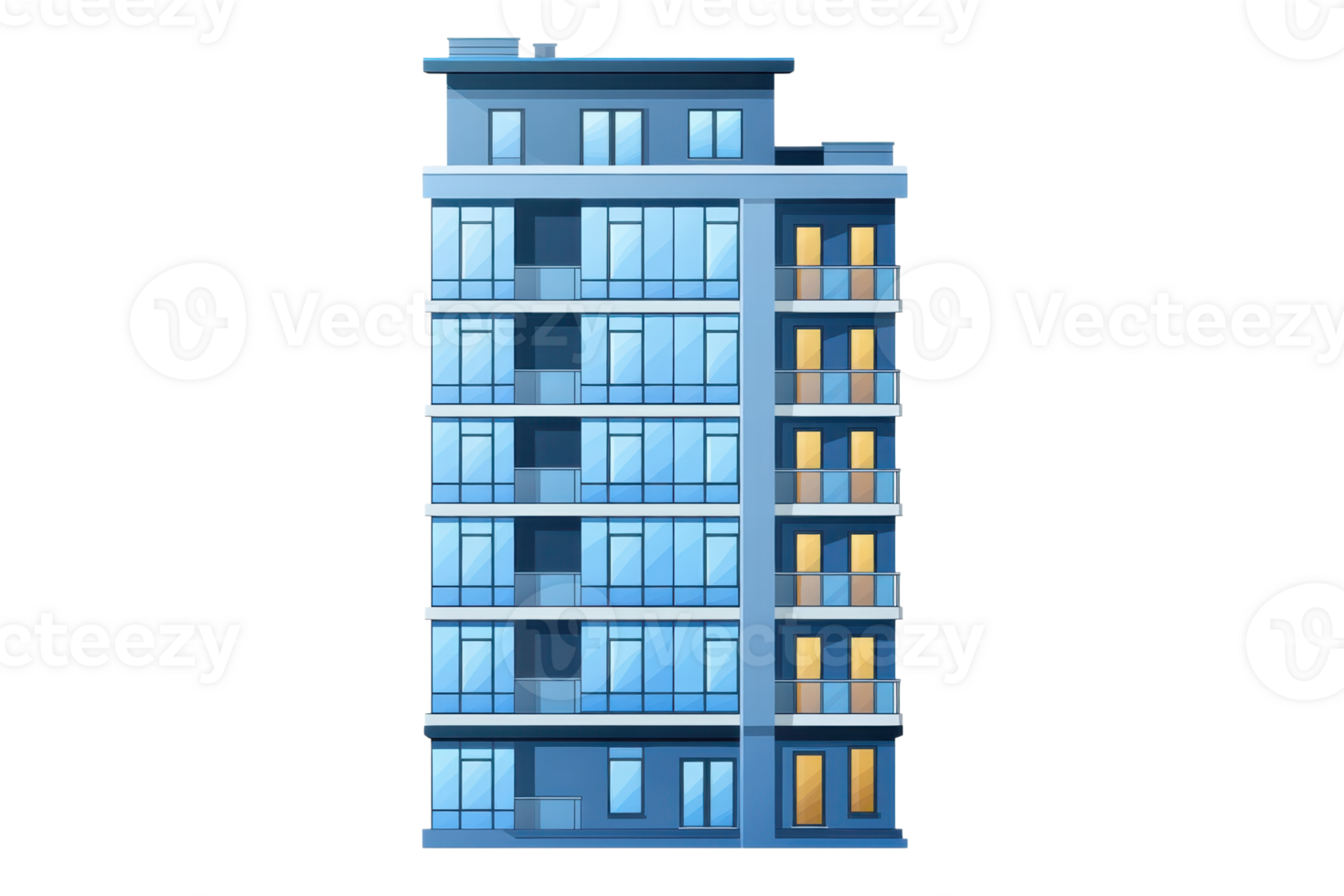 Illustration of a modern blue apartment building with multiple floors and large windows, ideal for real estate or urban design concepts. png