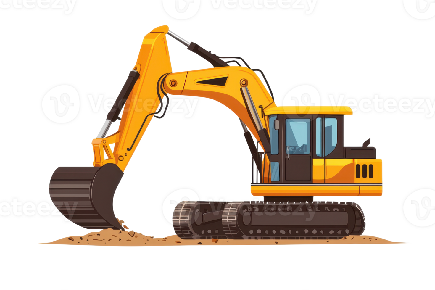 Illustration of a construction excavator with a hydraulic arm and bucket, digging into earth, isolated on transparent background. png
