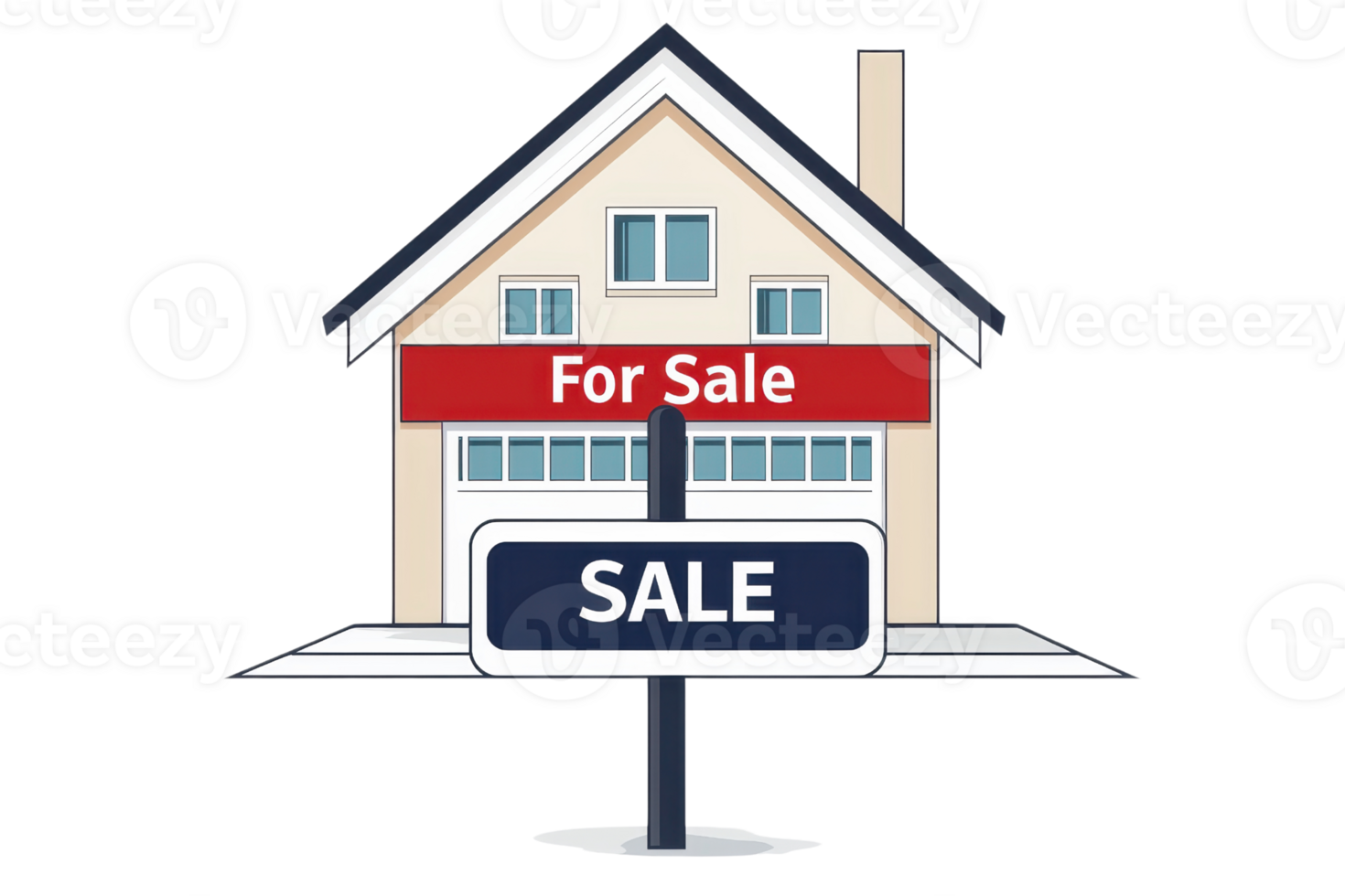 Illustration of a house with a 'For Sale' sign in front, symbolizing real estate opportunities and home buying. png