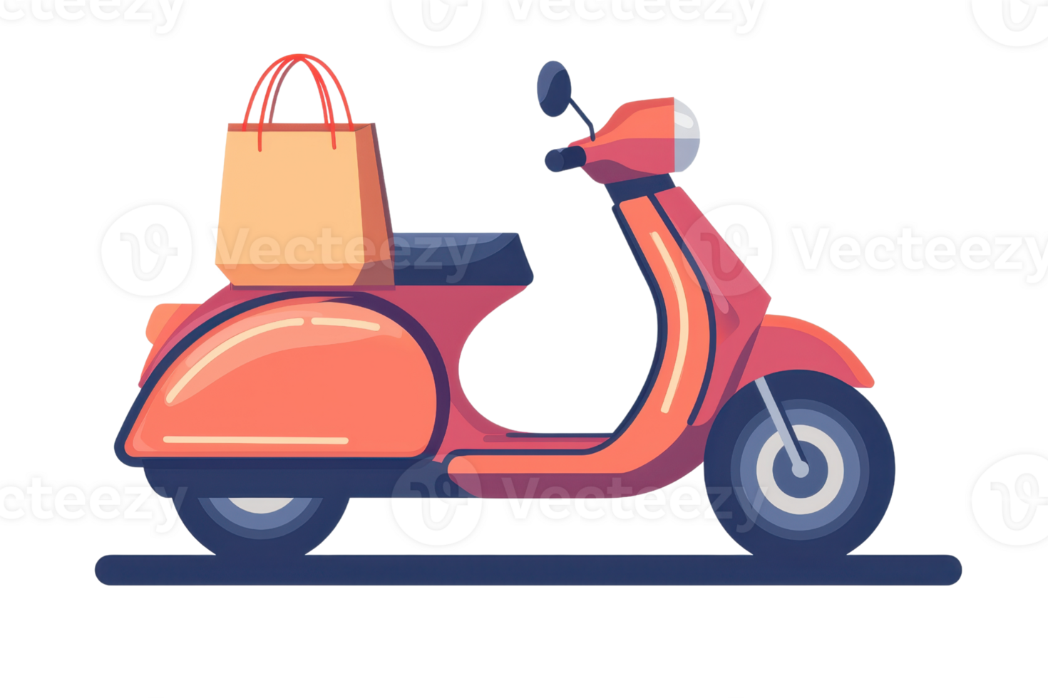 Illustration of a classic vintage scooter with a shopping bag on the seat, representing urban lifestyle and eco-friendly transport. png