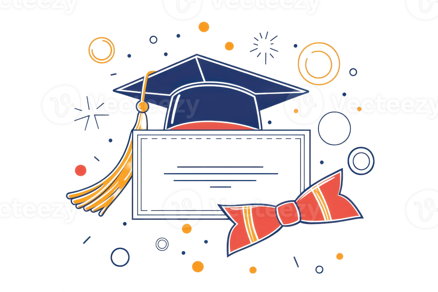 Illustration of a graduation cap, certificate, and bowtie surrounded by celebratory confetti, symbolizing achievement and success. png
