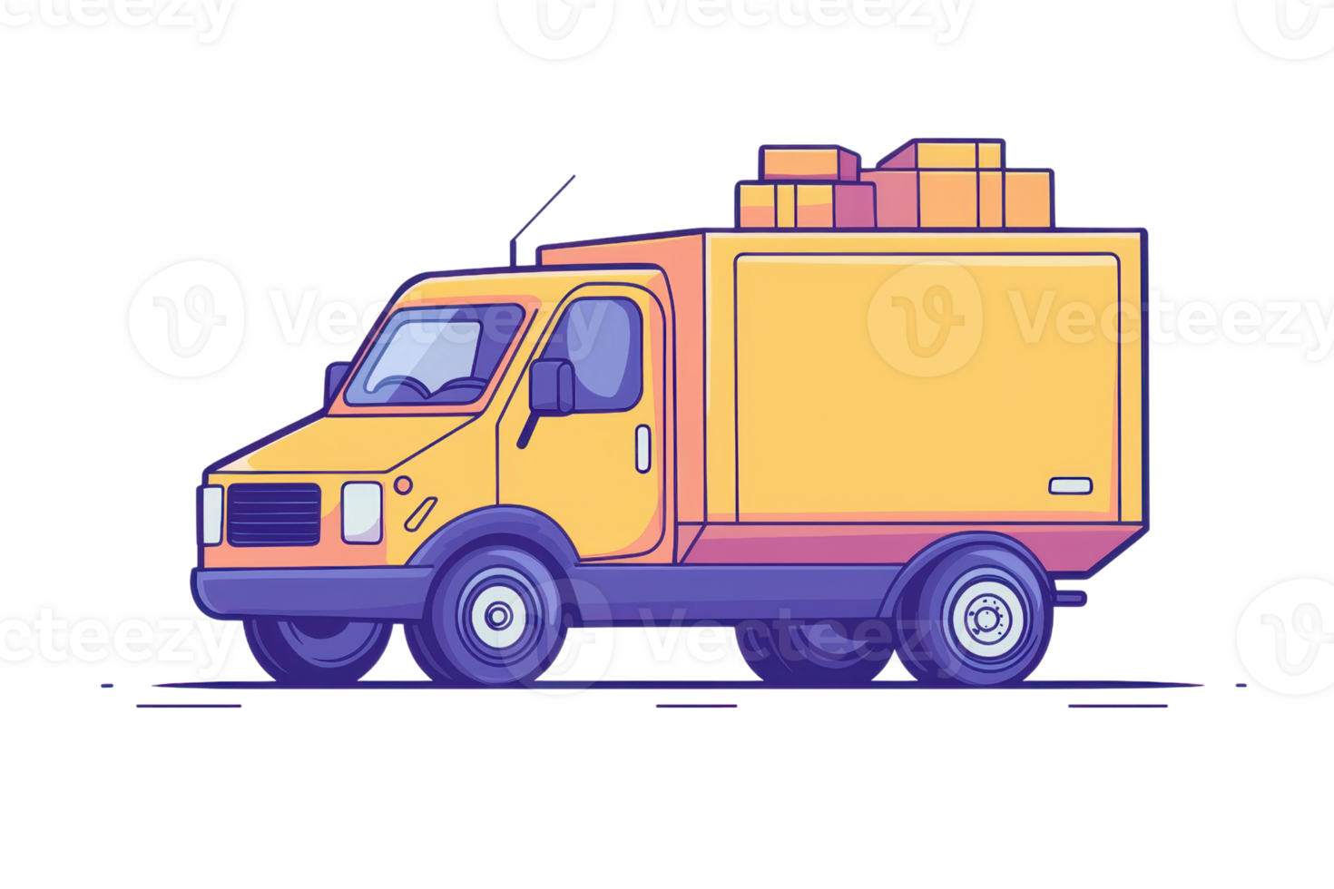 Illustration of a yellow delivery truck with boxes on its roof, symbolizing logistics, transportation, and shipping services. png