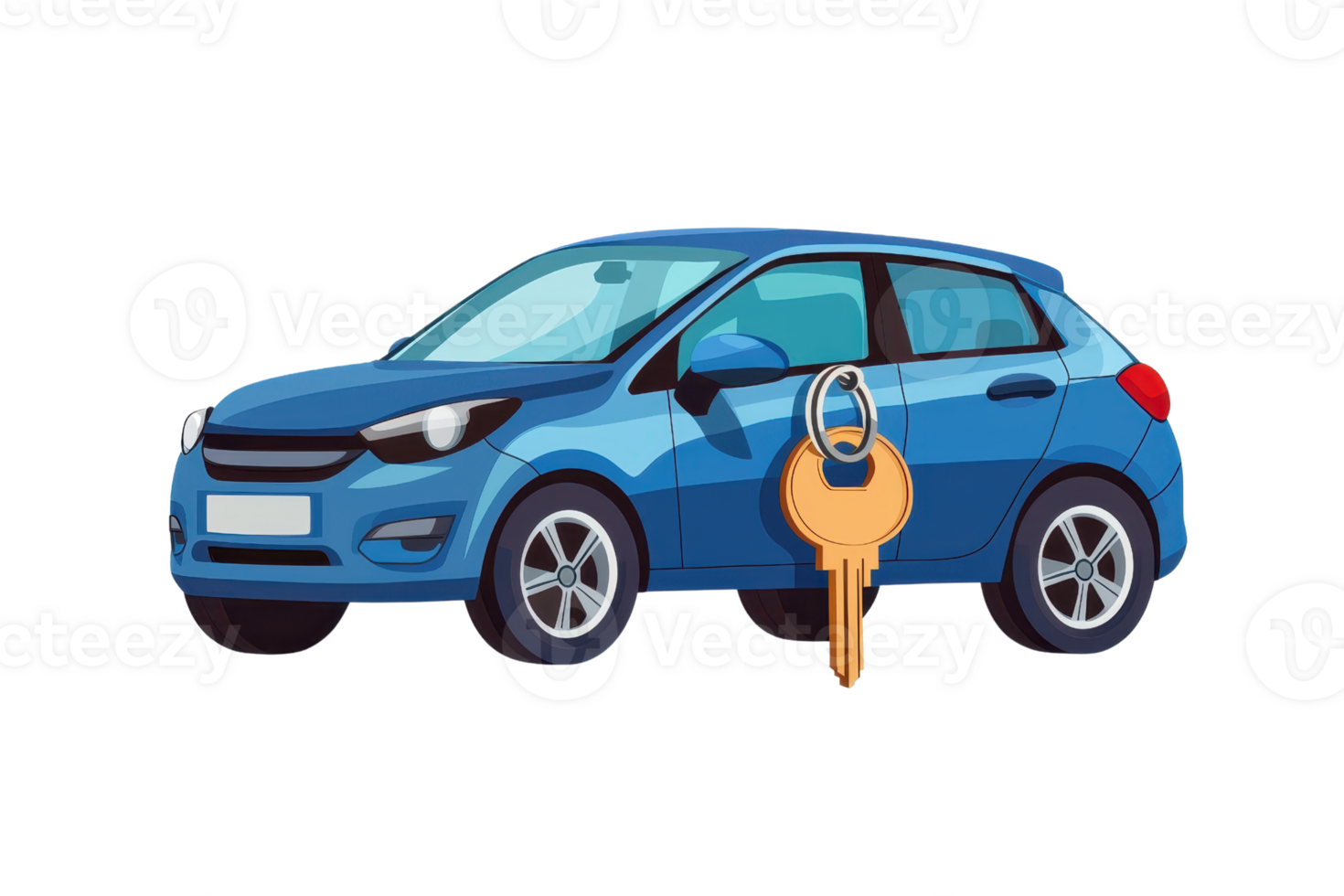 Illustration of a blue compact car with a large key. Perfect for concepts of car rental, ownership, or transportation services. png