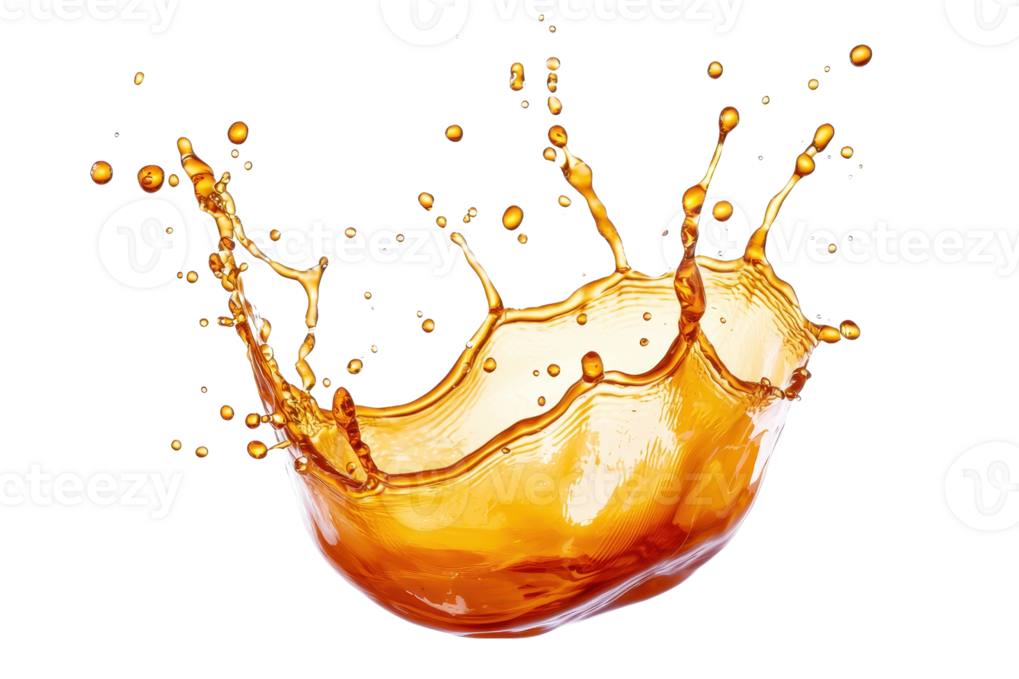 Dynamic splash of amber liquid frozen in mid-air against a transparent background. capturing the fluid's motion and energy. png